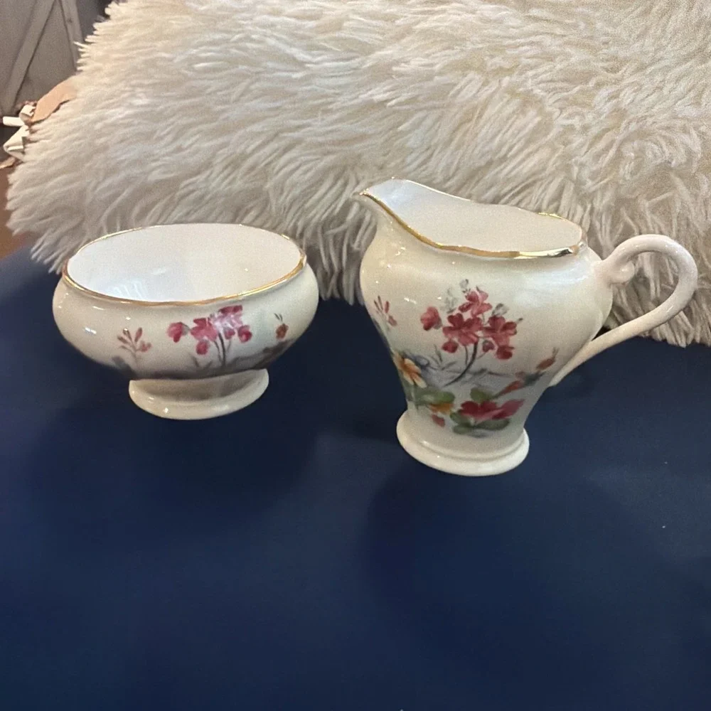 Vtg Aynsley England Fine Bone China Creamer Open‎ Sugar Set Gold Gilt Trim